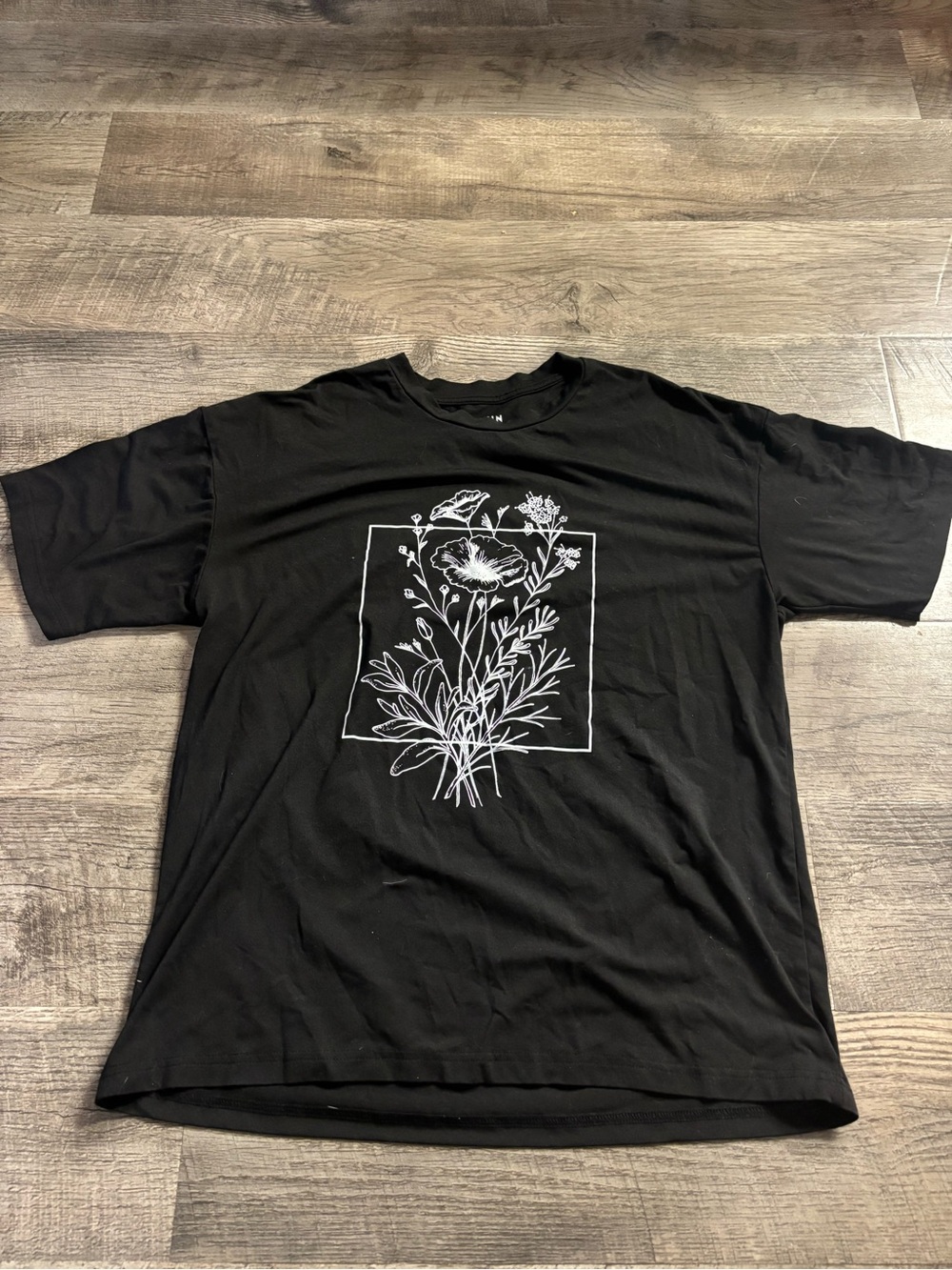 SHEIN Black Tee with White Botanical Graphic